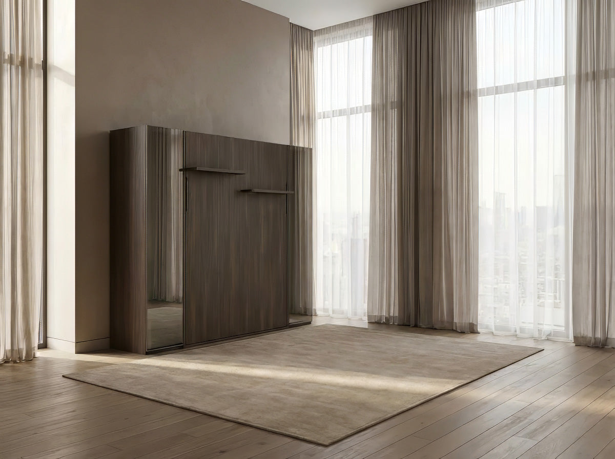 Modern room with wooden wardrobe and large windows with curtains