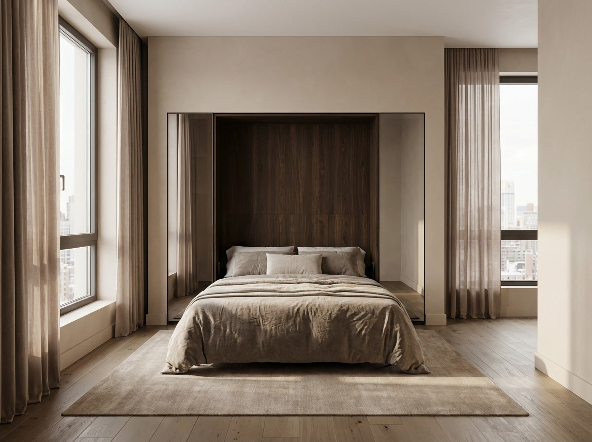 Modern bedroom with a large bed and wooden headboard.
