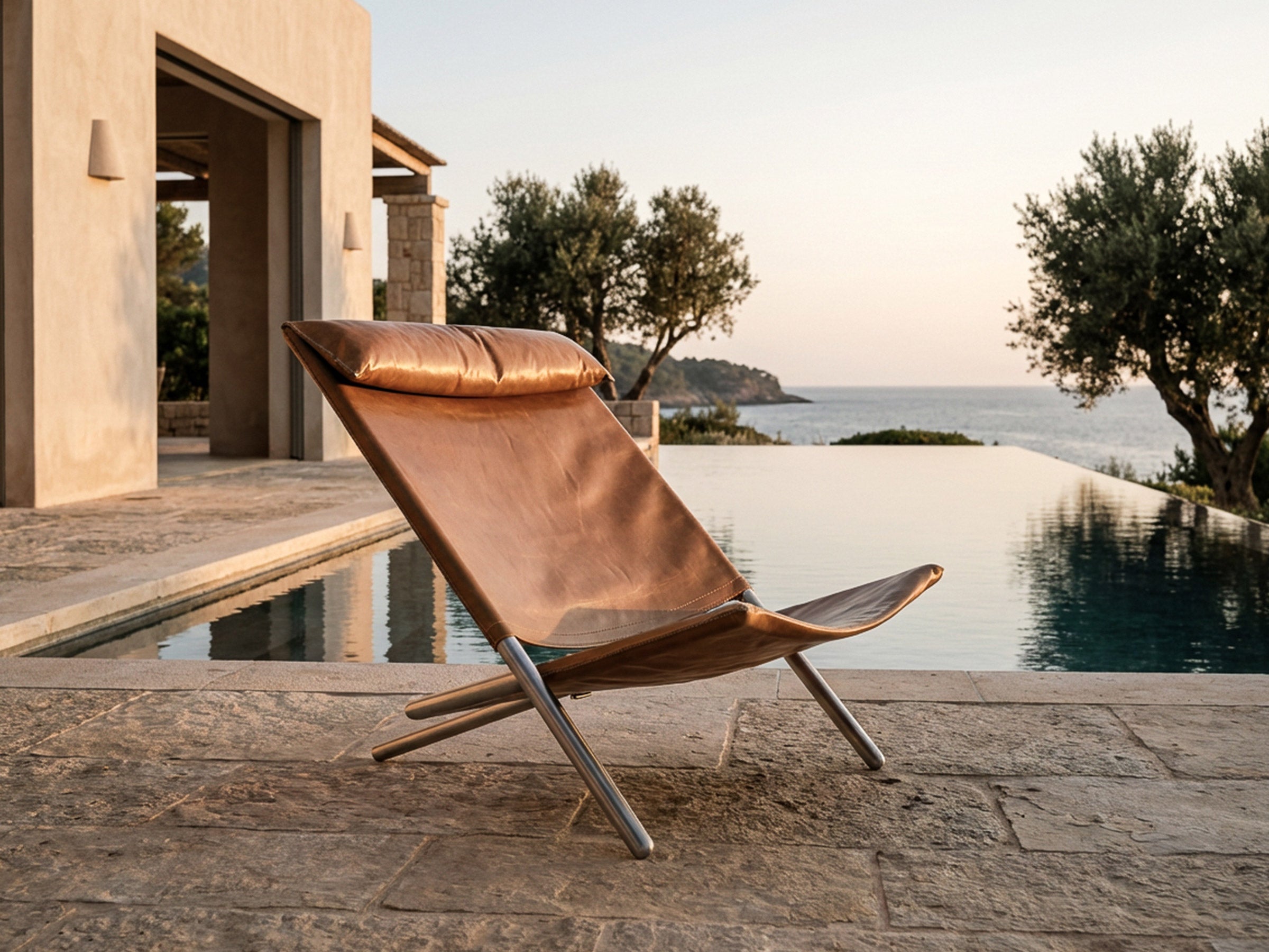 A modern leather lounge chair with a curved backrest and silver metal legs, positioned on a stone patio next to an infinity pool overlooking the sea at sunset.