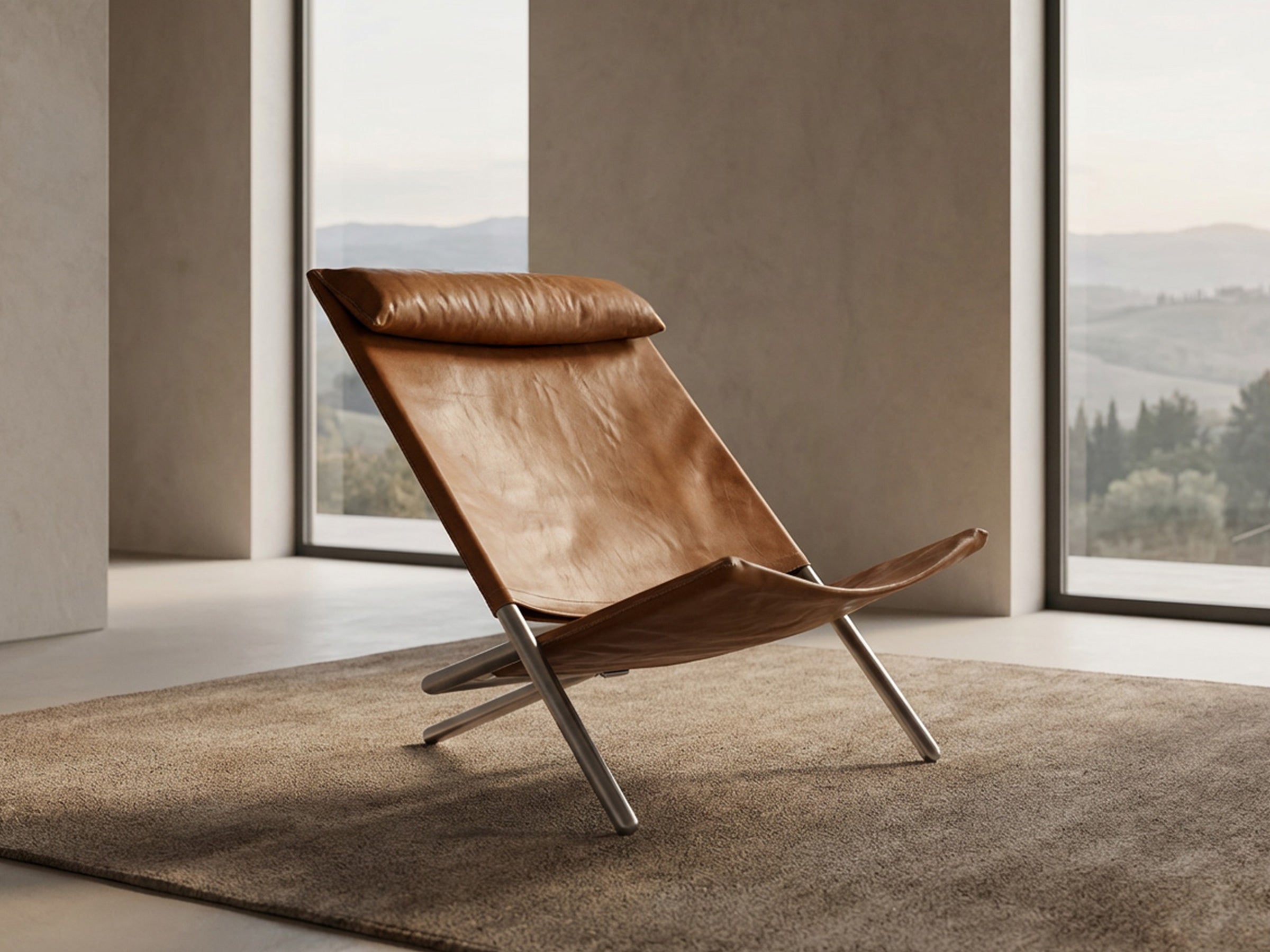 A mid-century modern leather lounge chair with a curved wooden backrest and metal legs, styled on a textured rug in a minimalist room with large windows overlooking a landscape.