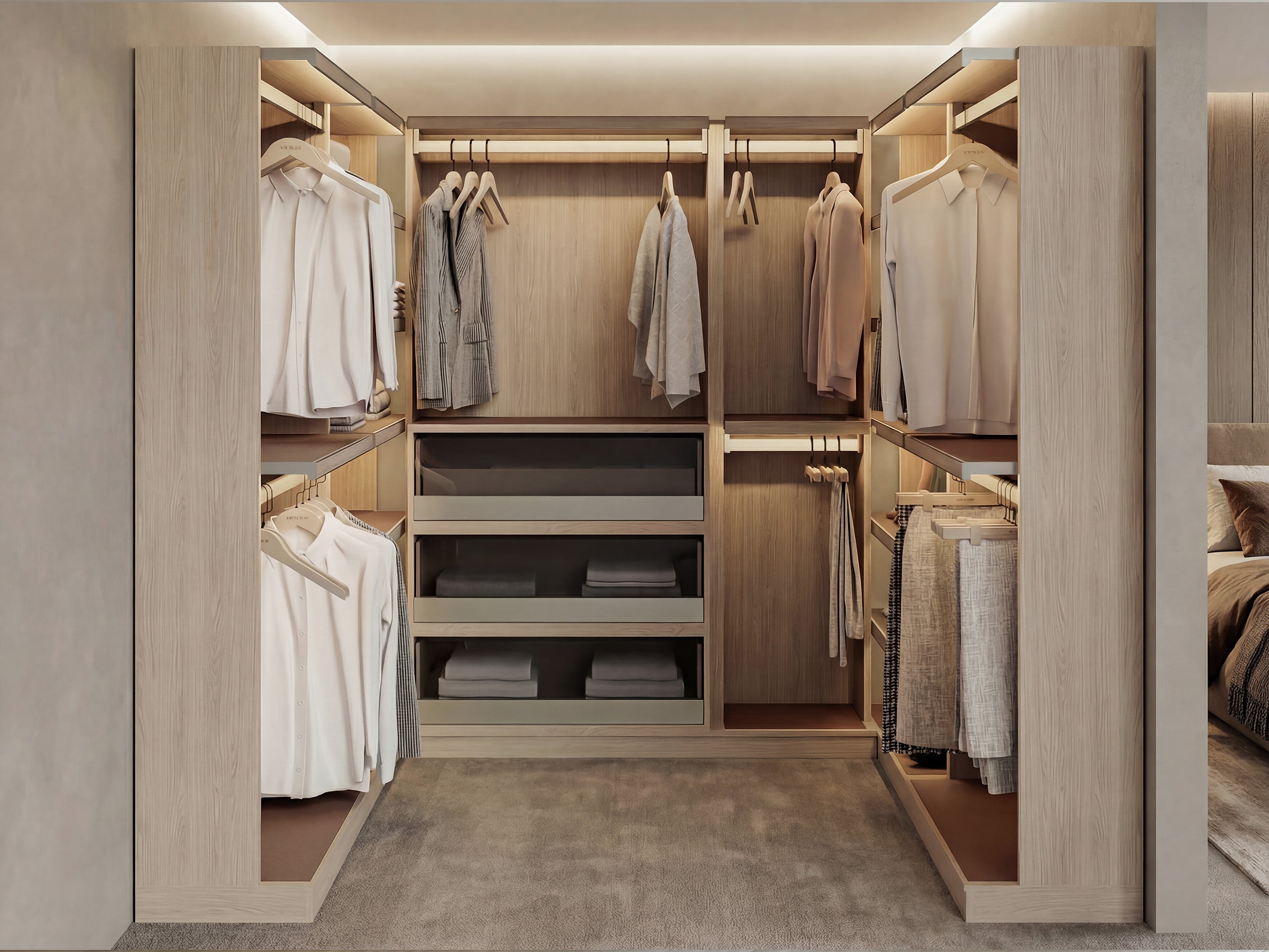 Modern walk-in closet with wooden shelves and hanging clothes