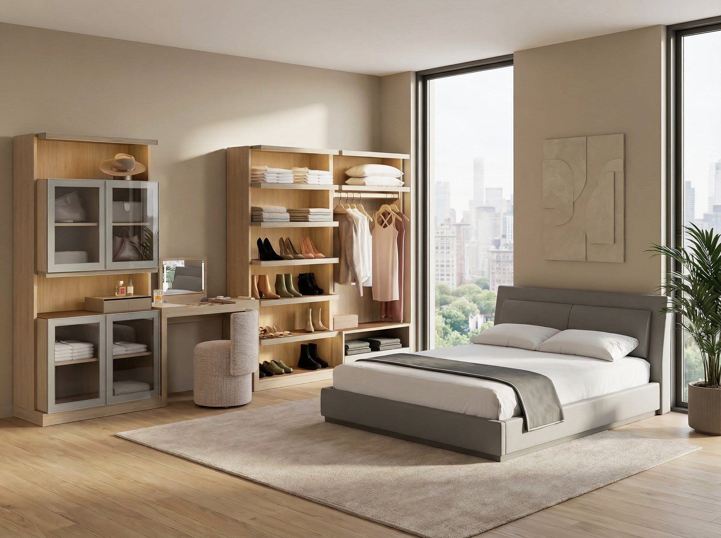 Modern bedroom with bed, wardrobe, desk, and shelves.