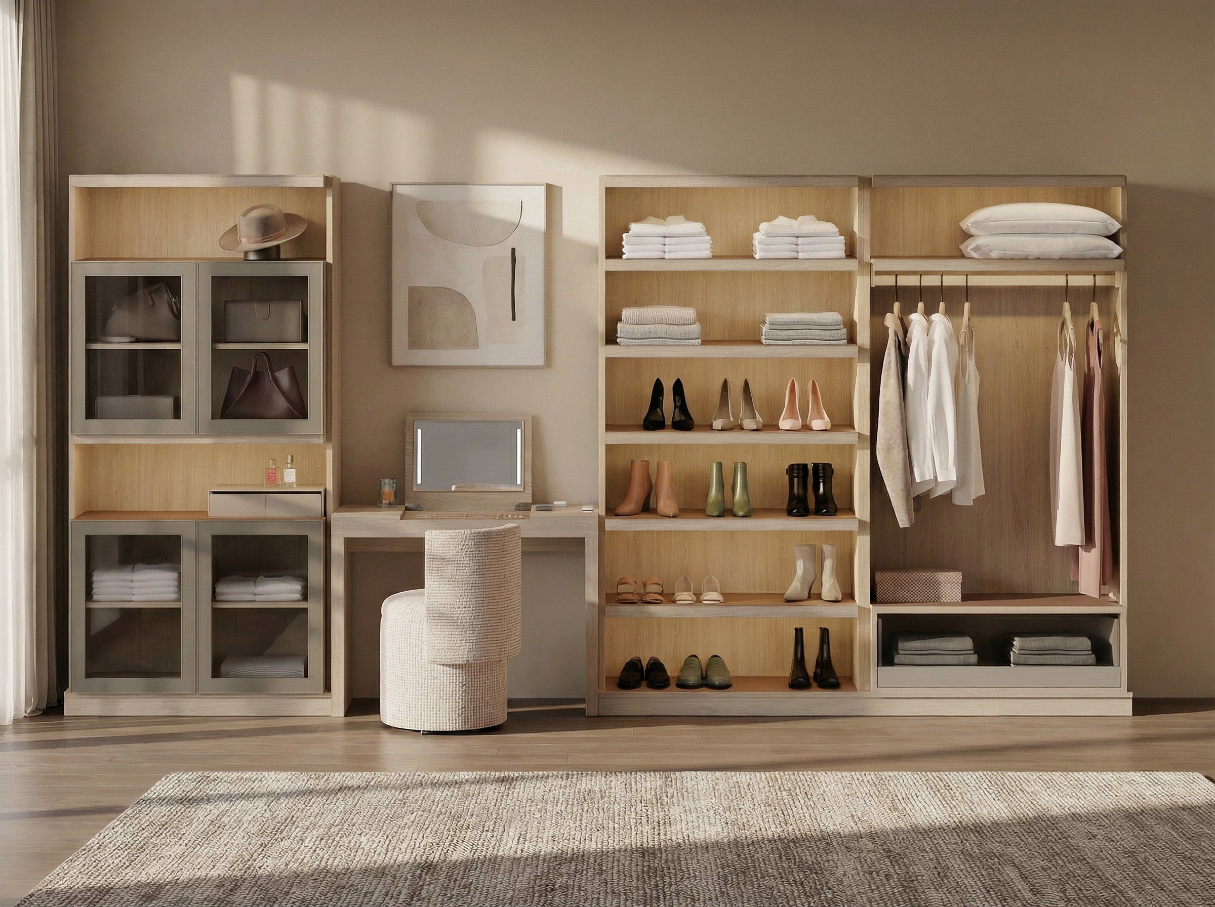 Modern room with wooden shelves, desk, and clothing rack.