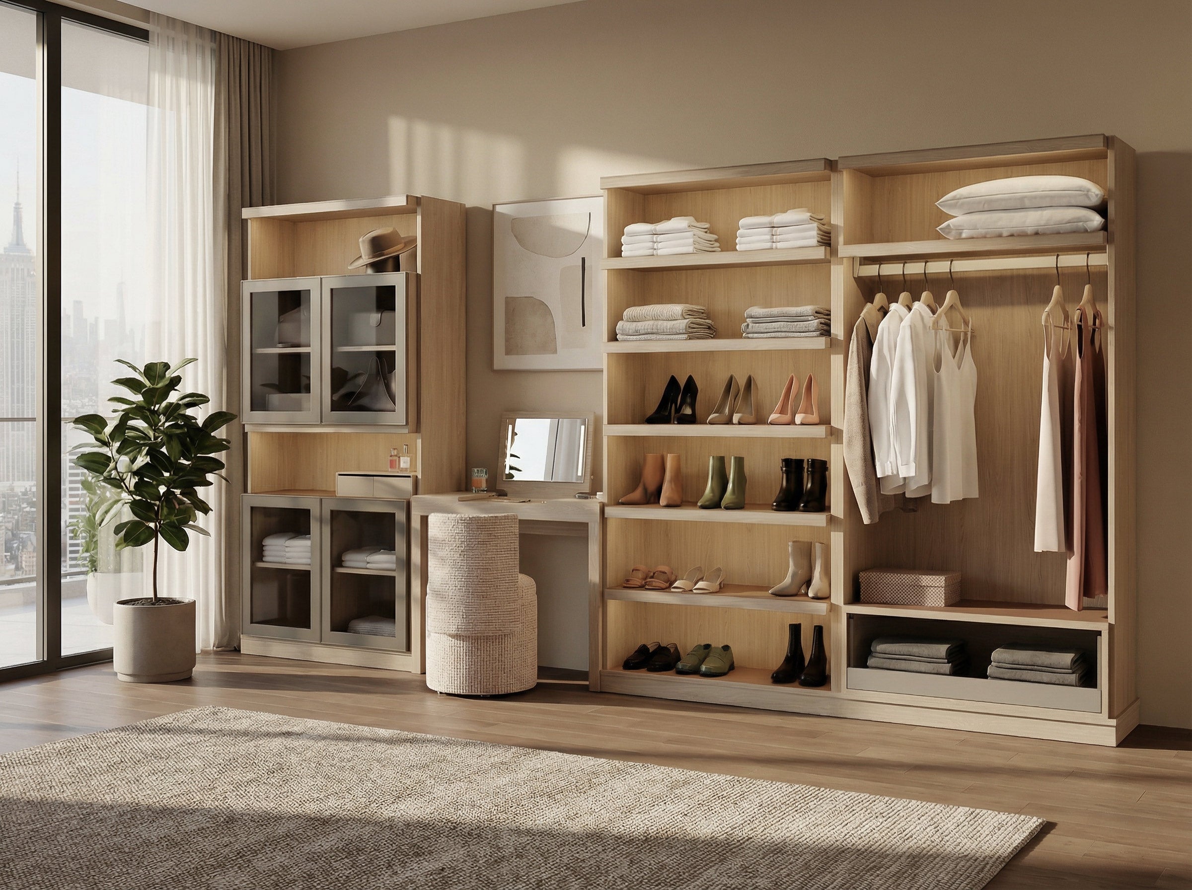 Modern wardrobe system with clothes, shoes, and a mirror in a room with large windows.
