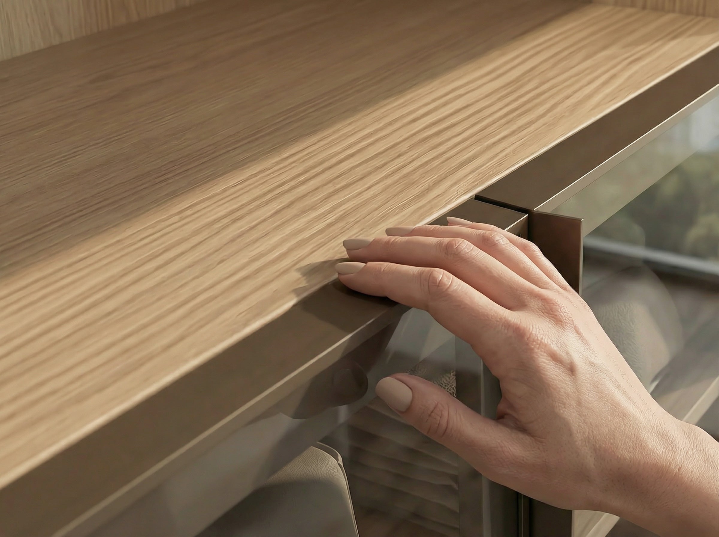 Hand opening a wooden drawer with a glass panel