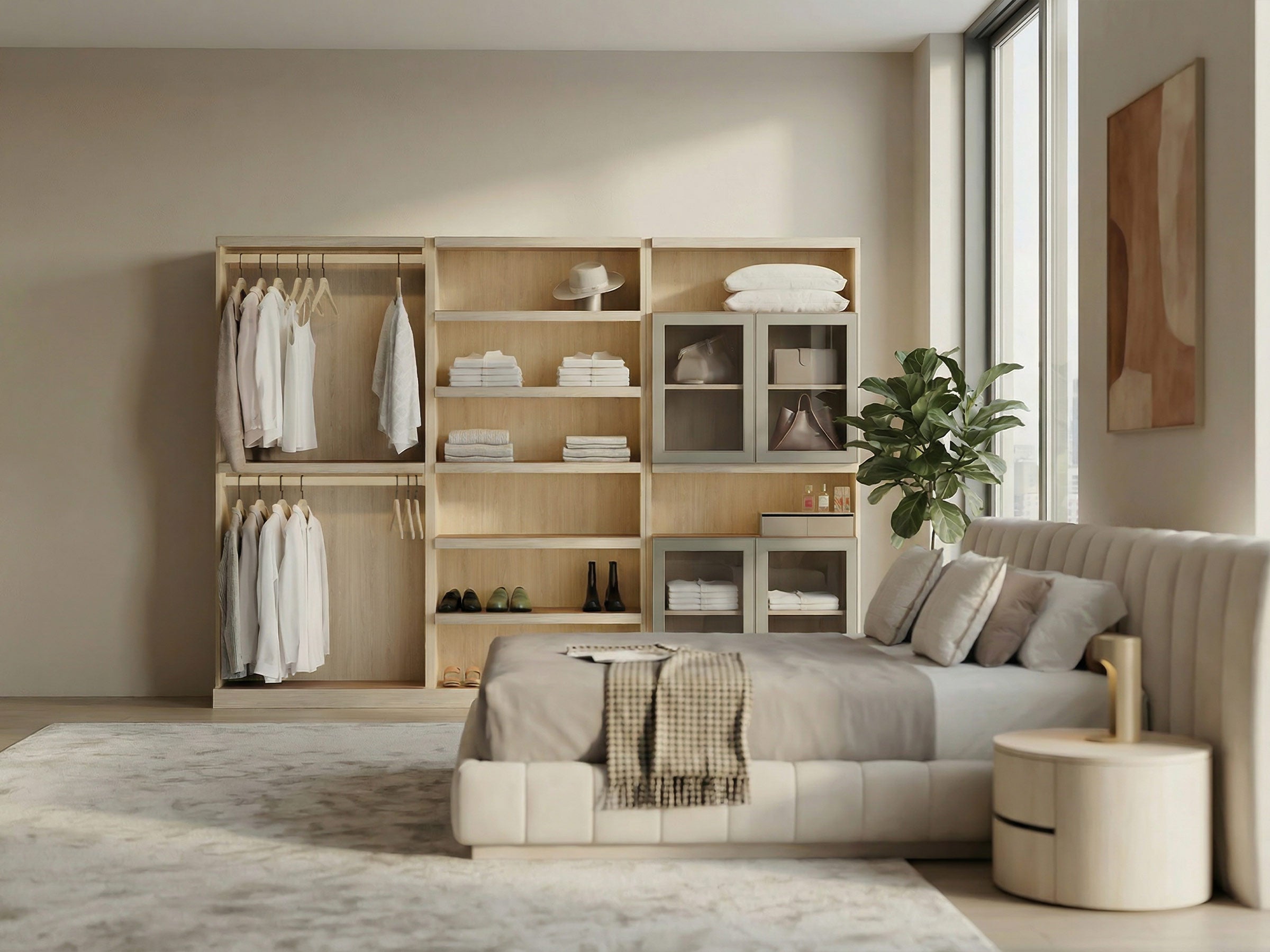 Modern bedroom with wooden wardrobe, bed, and decor elements.