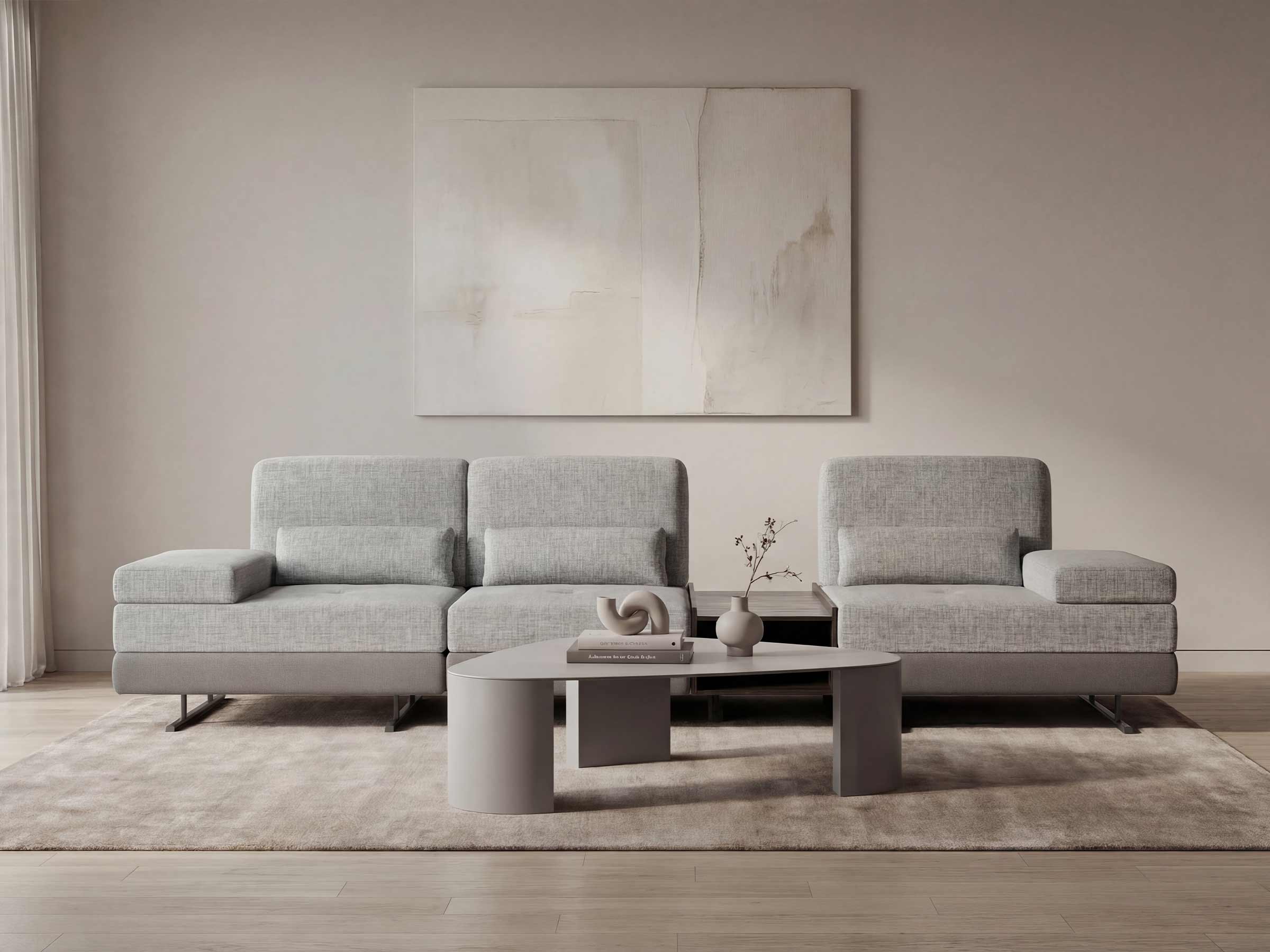 Modern living room with a gray sectional sofa and coffee table.