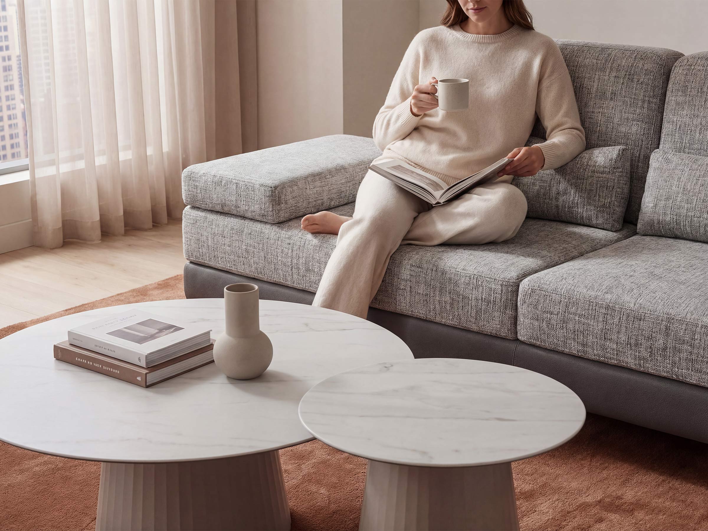 Woman sitting on a gray sofa holding a book and mug in a cozy living room.