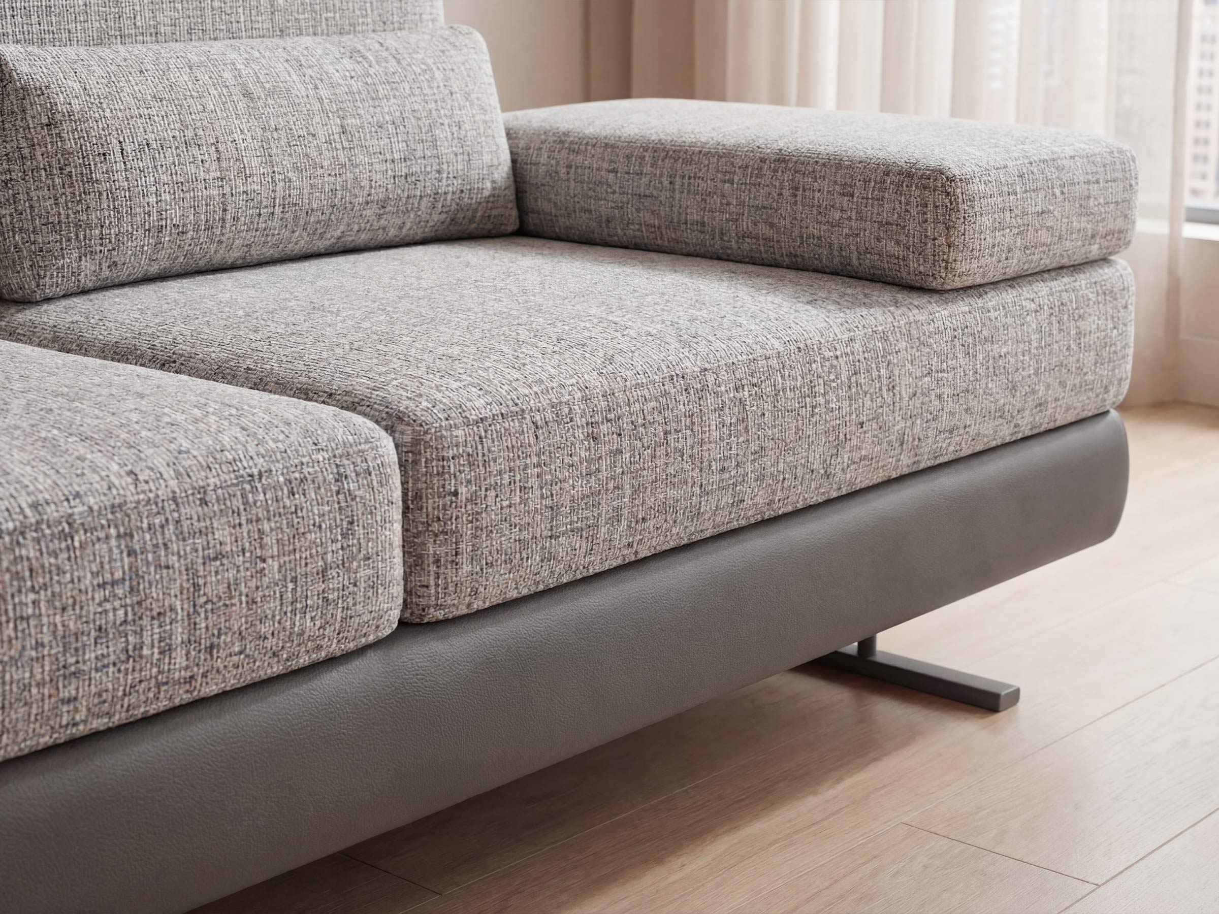 Gray textured sofa in a room with light wood flooring and curtains.