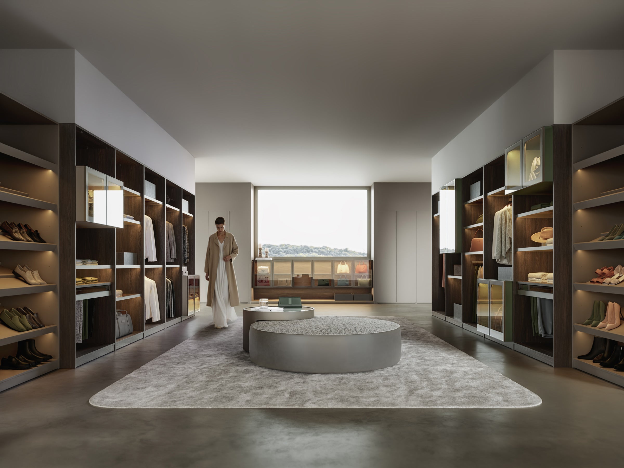 Modern interior design with shelves, a rug, and a person in a room.