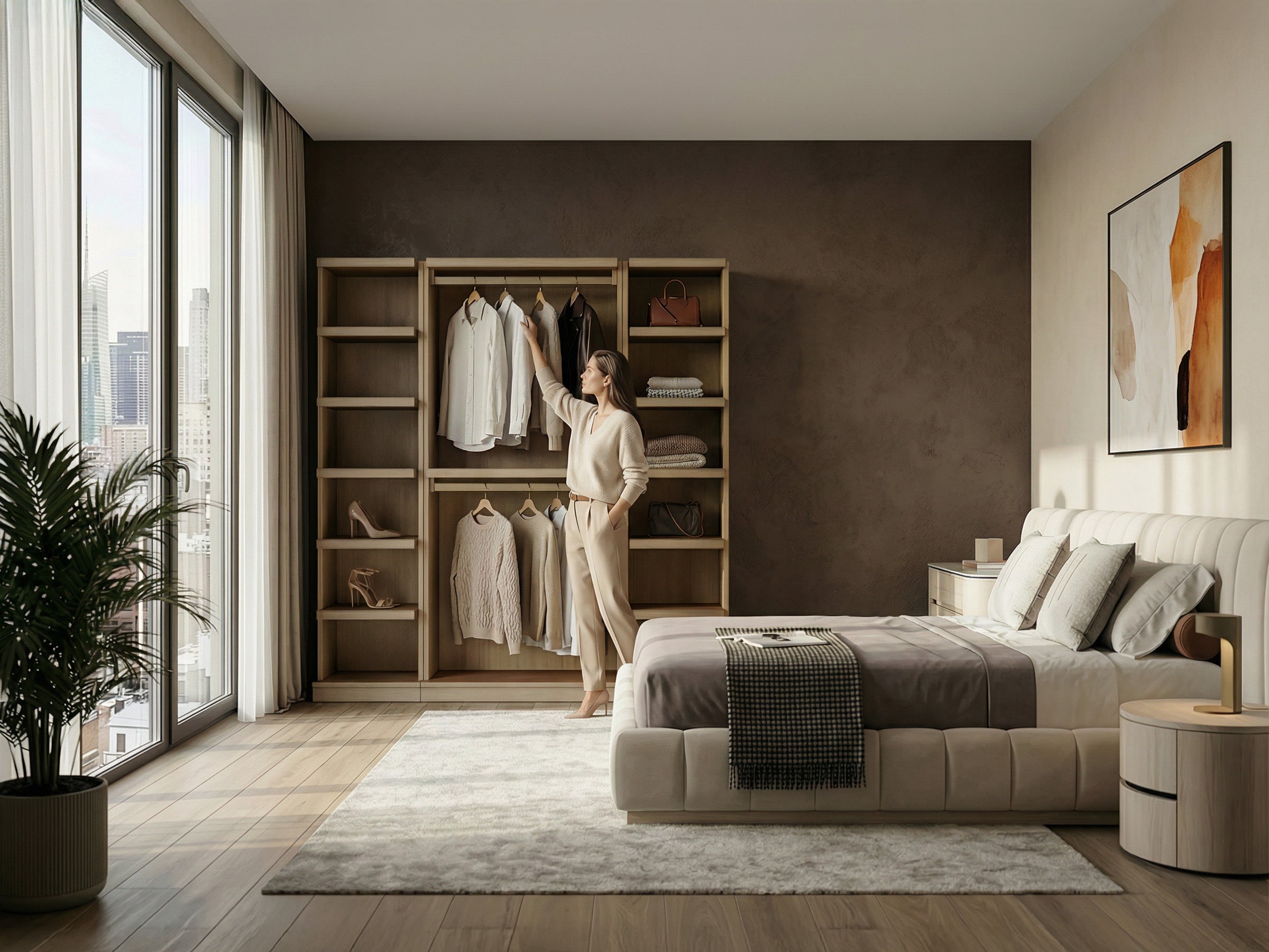 Modern bedroom with wooden wardrobe and bed