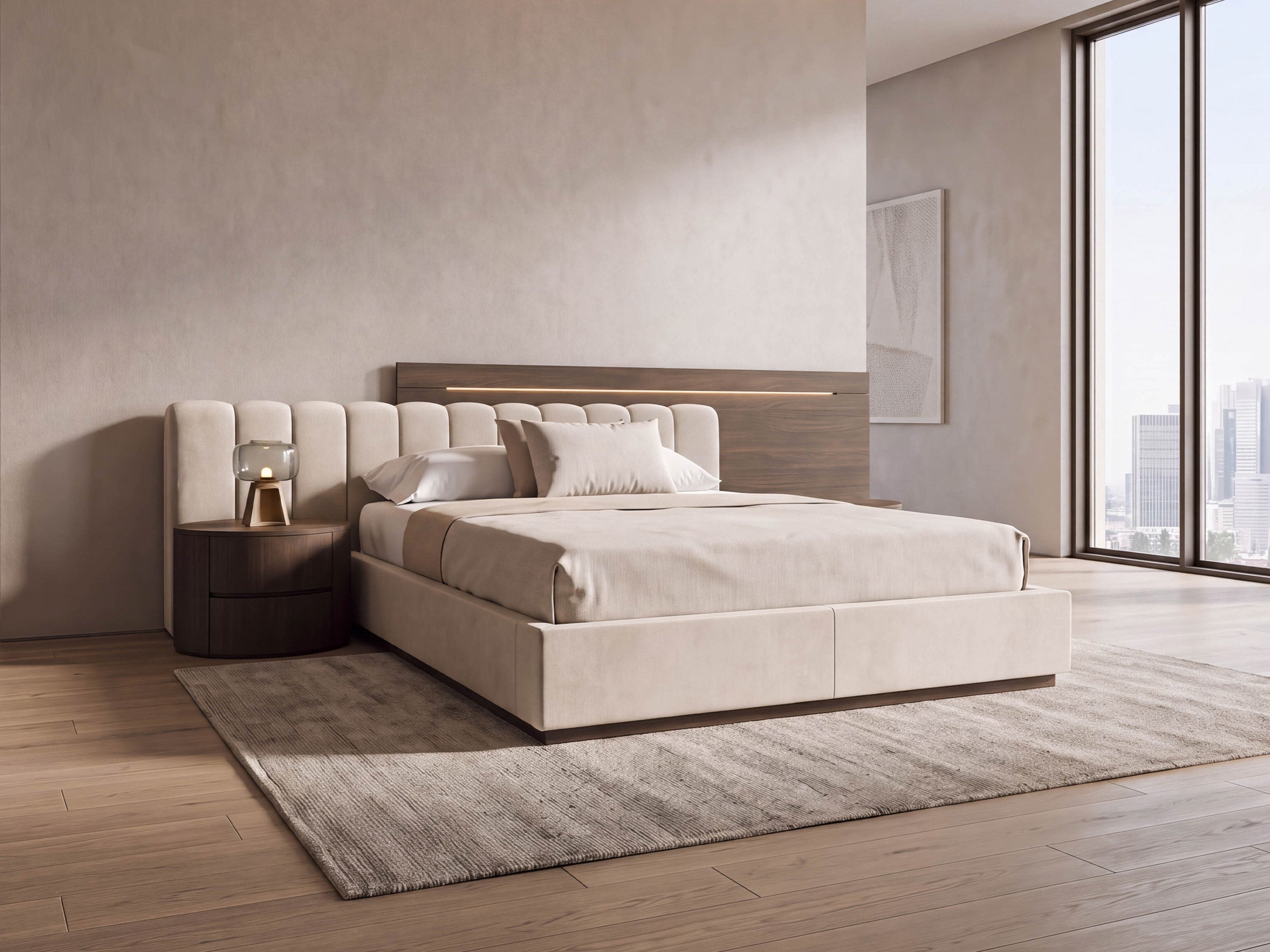 Cama doble con almacenaje y cabecero con cortes