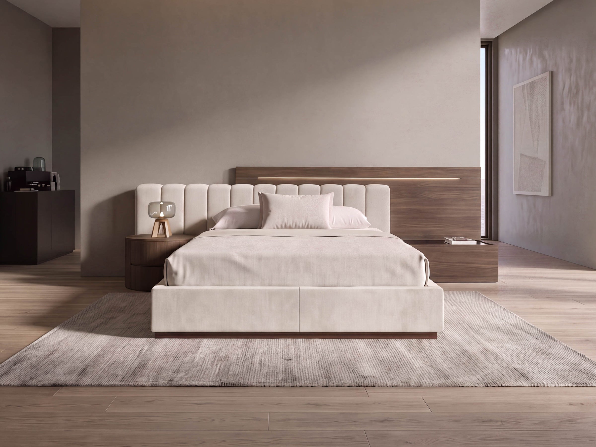 Cama doble con almacenaje y cabecero con cortes