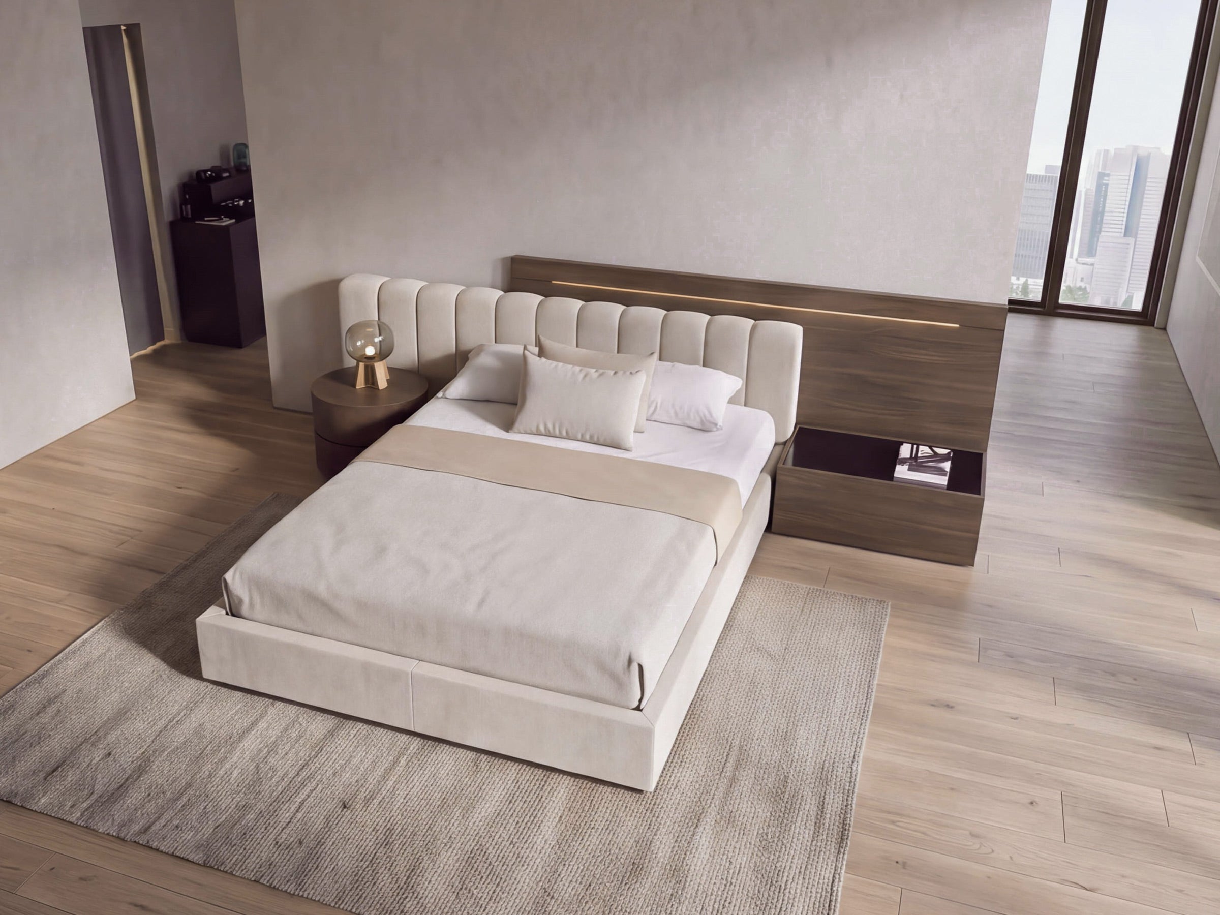 Cama doble con almacenaje y cabecero con cortes