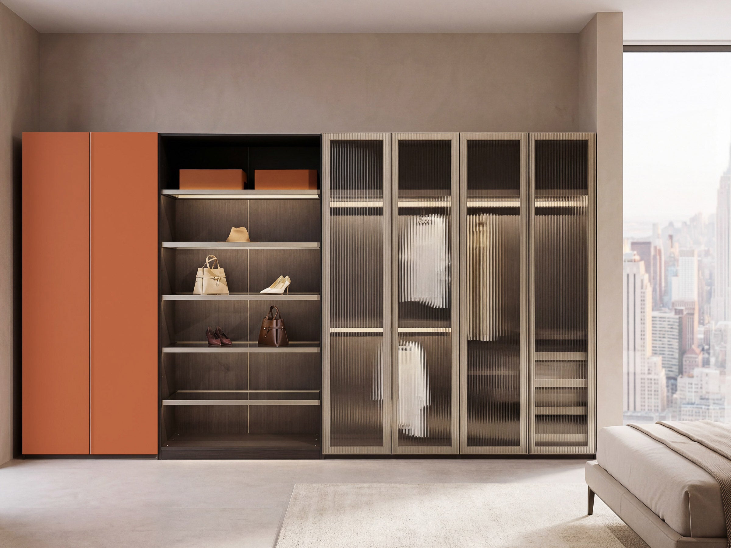 Modern wardrobe with orange doors and glass panels in a room with cityscape view
