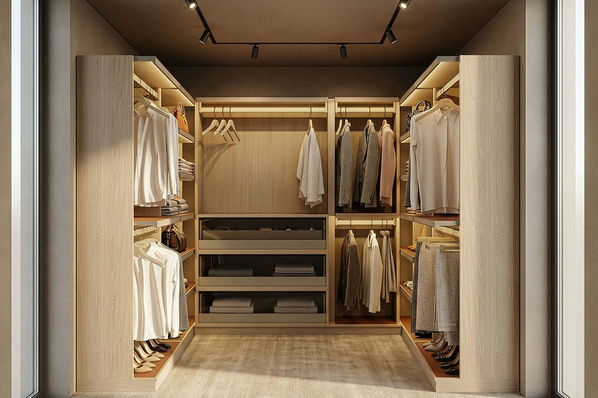 A fully fitted LAZZONI walk-in closet in light oak, with hanging at two heights, open drawers, folded knitwear and shoes on angled display shelves under track lighting 