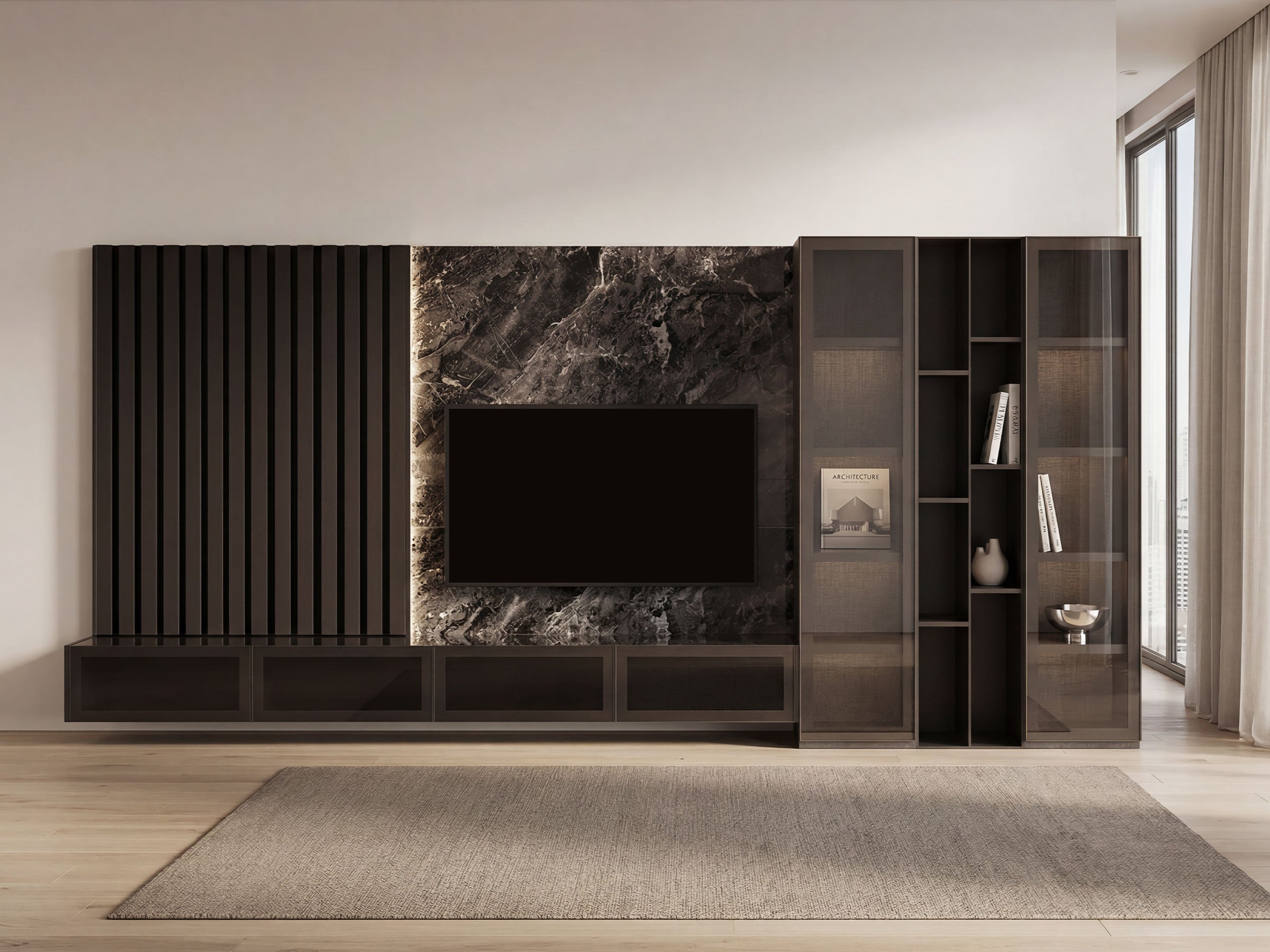A modern dark brown wooden media console and shelving unit set in a living room, featuring a black TV screen, a textured dark marble wall panel, and open shelving with decorative items.