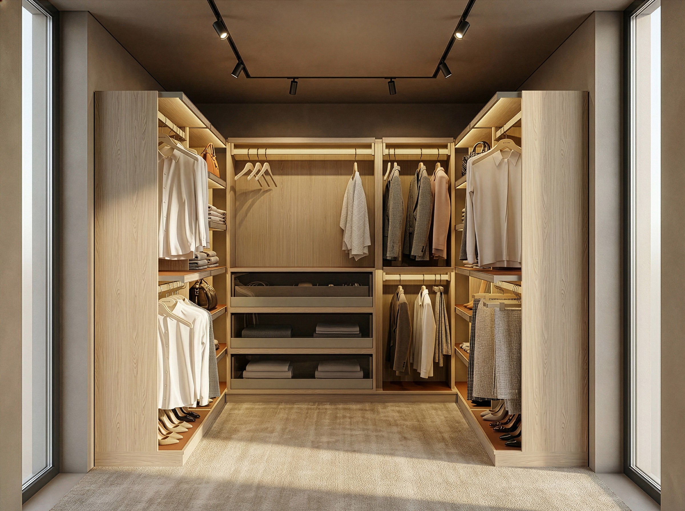 Modern walk-in closet with wooden shelves and hanging clothes