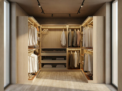 Modern walk-in closet with wooden shelves and hanging clothes