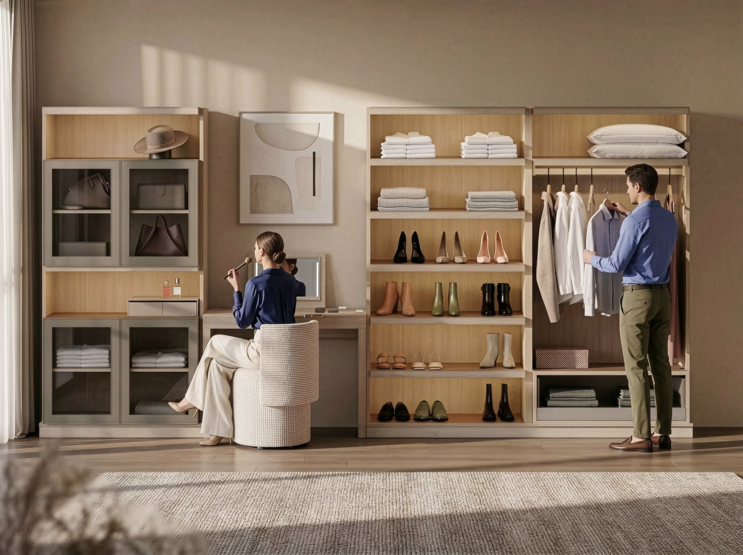 Man and woman in a modern home interior with wooden shelves and furniture.
