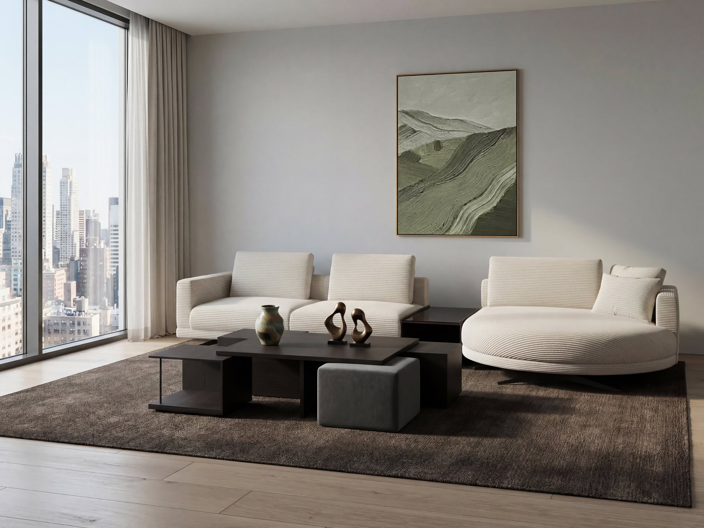 Modern living room with white sofa, coffee table, and artwork on wall.