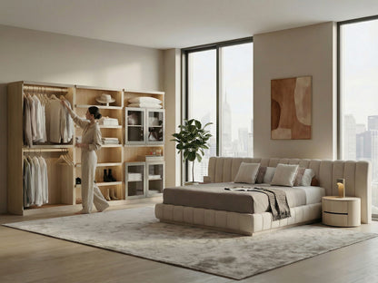 Modern bedroom with a large bed, wardrobe, and city view