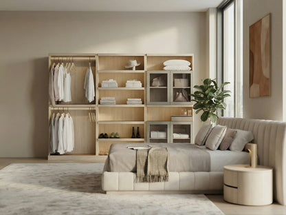 Modern bedroom with wooden wardrobe, bed, and decor elements.