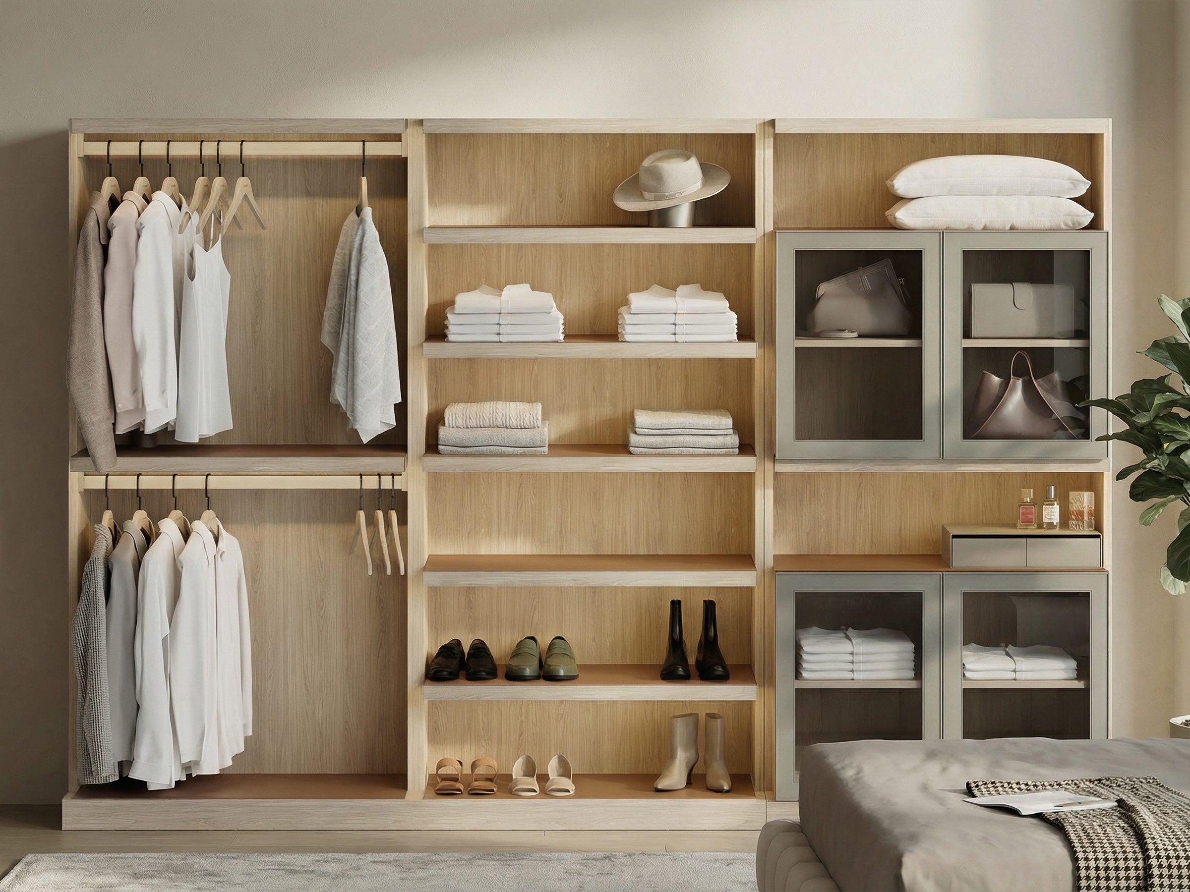 Wooden wardrobe with shelves, clothes, shoes, and a bed in a room.