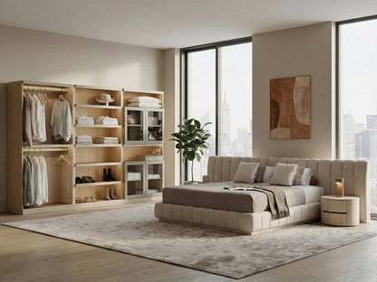 Modern bedroom with a bed, wardrobe, and city view