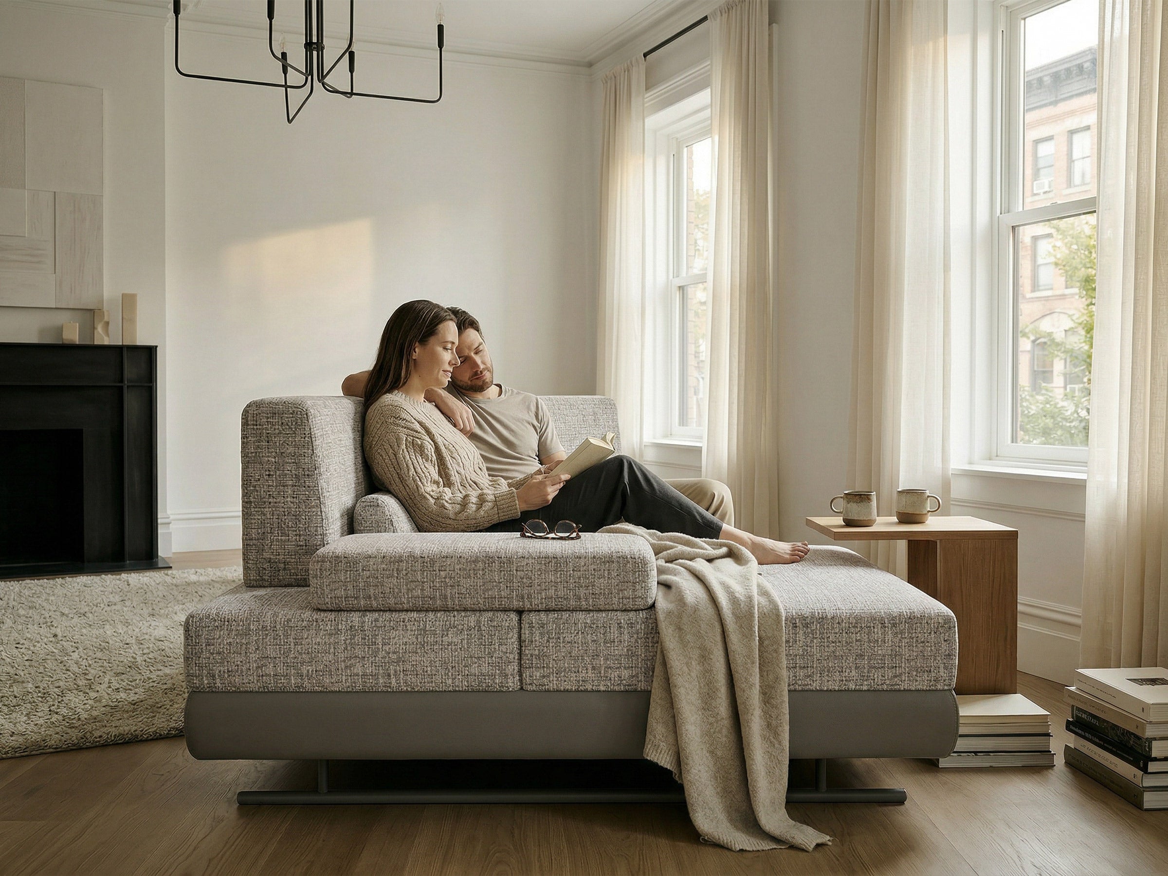 Couple sitting on a sofa in a modern living room with large windows.