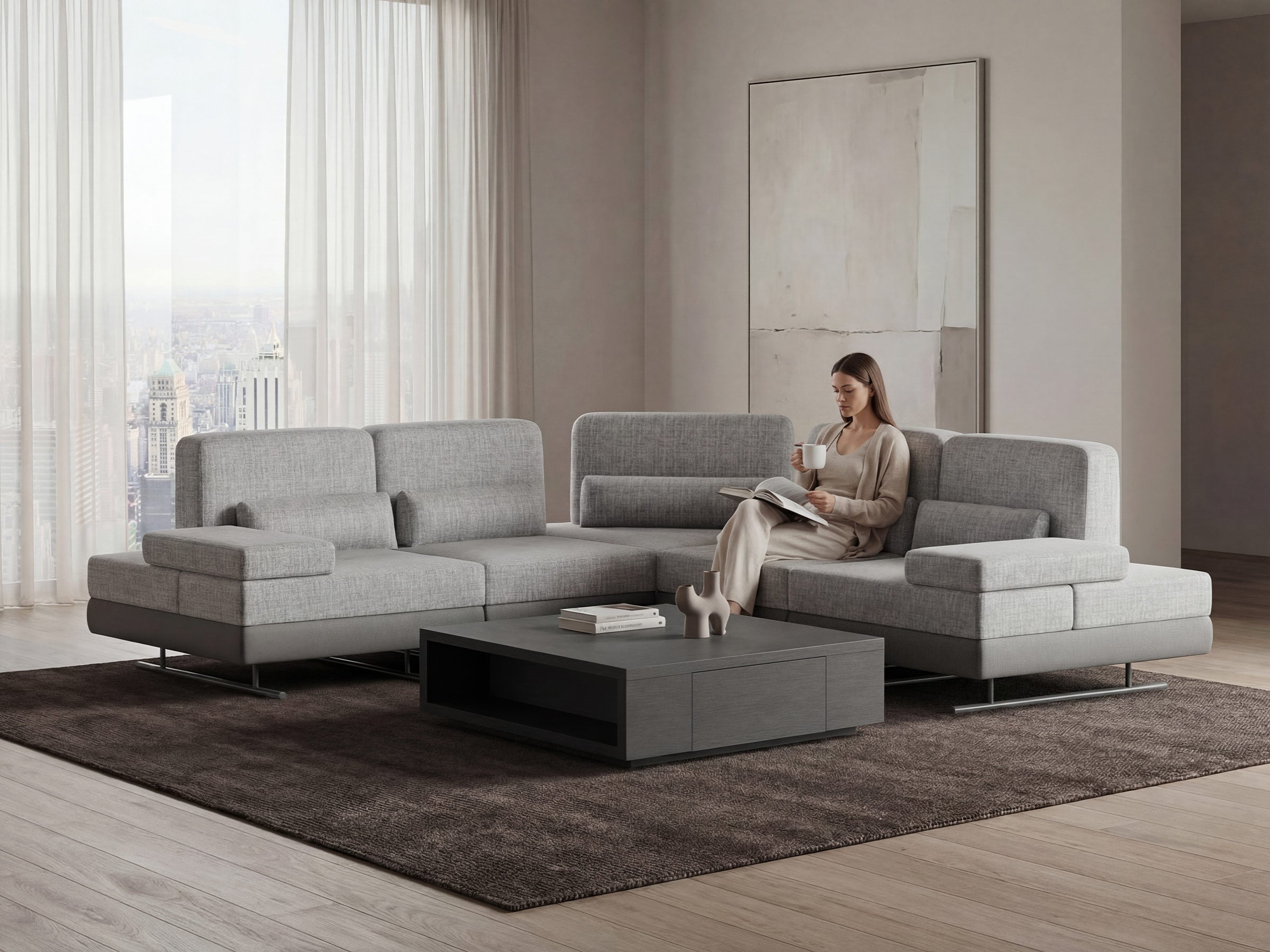 Woman sitting on a modern gray sectional mony sofa in a stylish living room.
