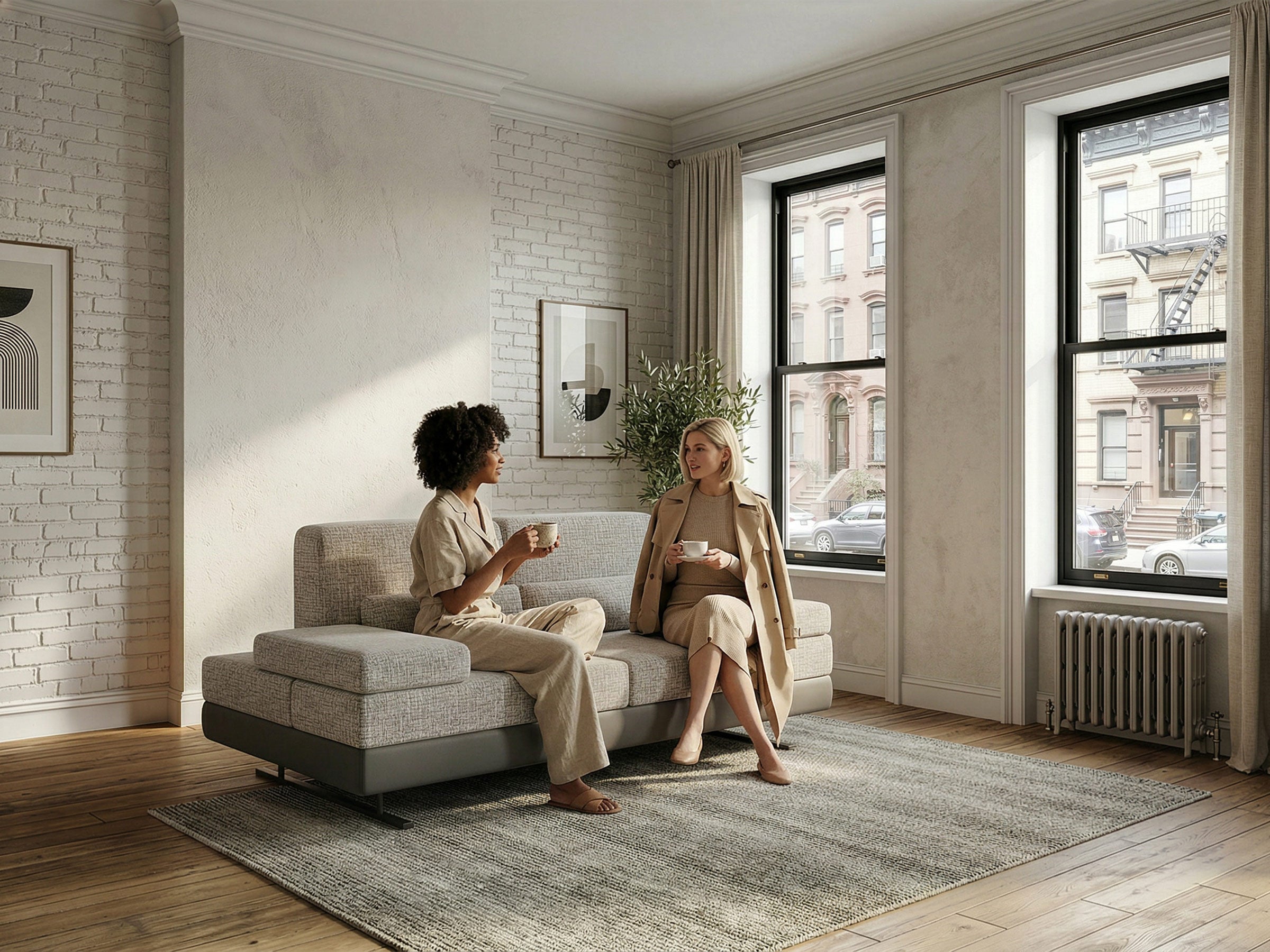 Two women sitting on a gray sofa in a sunlit living room with large windows.