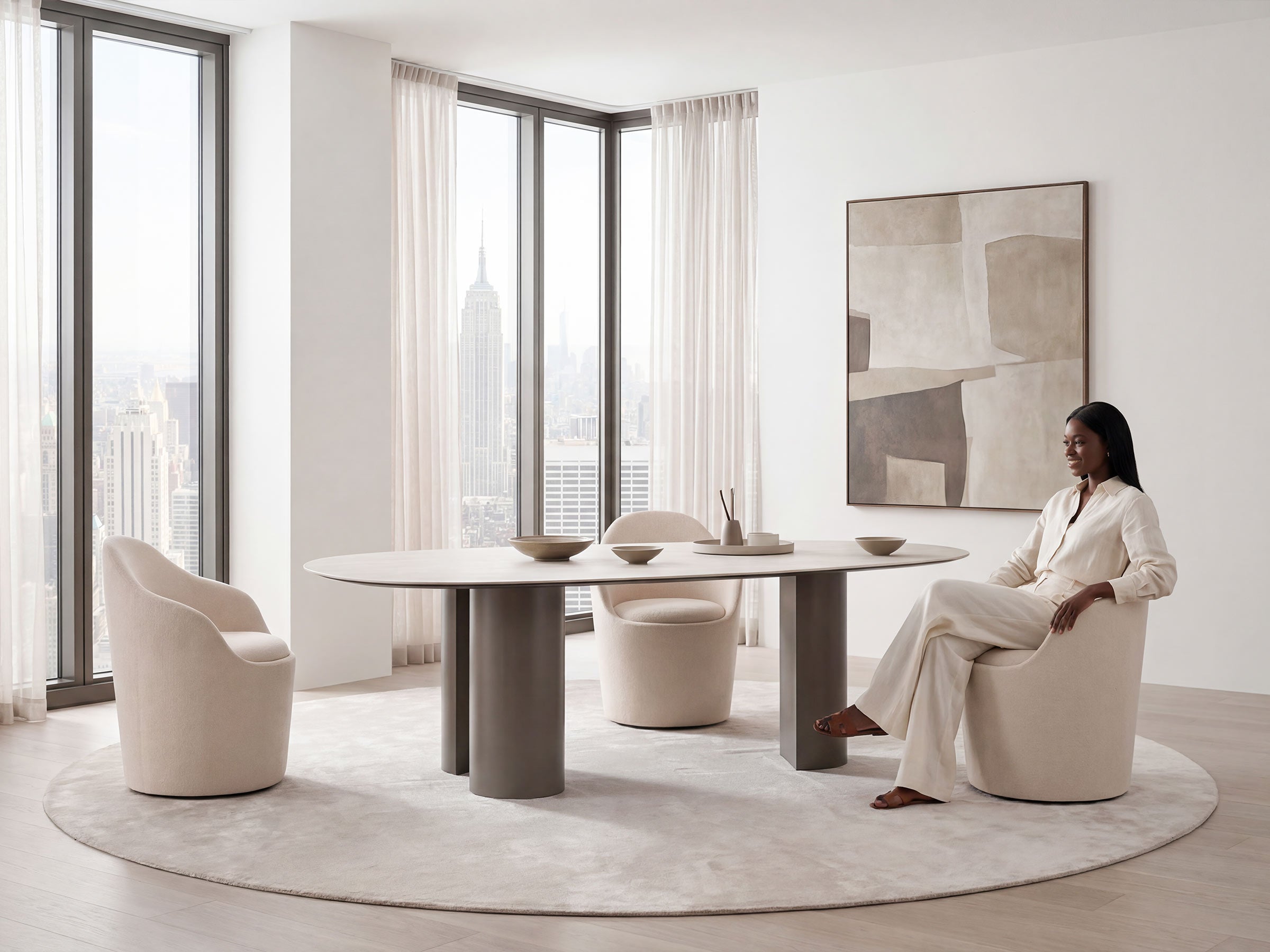 Woman sitting at a modern dining table in a stylish room with large windows.