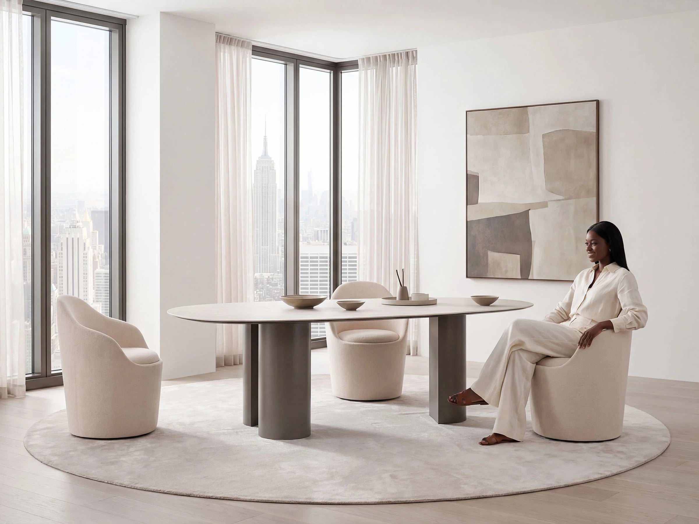 Woman sitting at a Naya modern dining table in a stylish room with large windows.