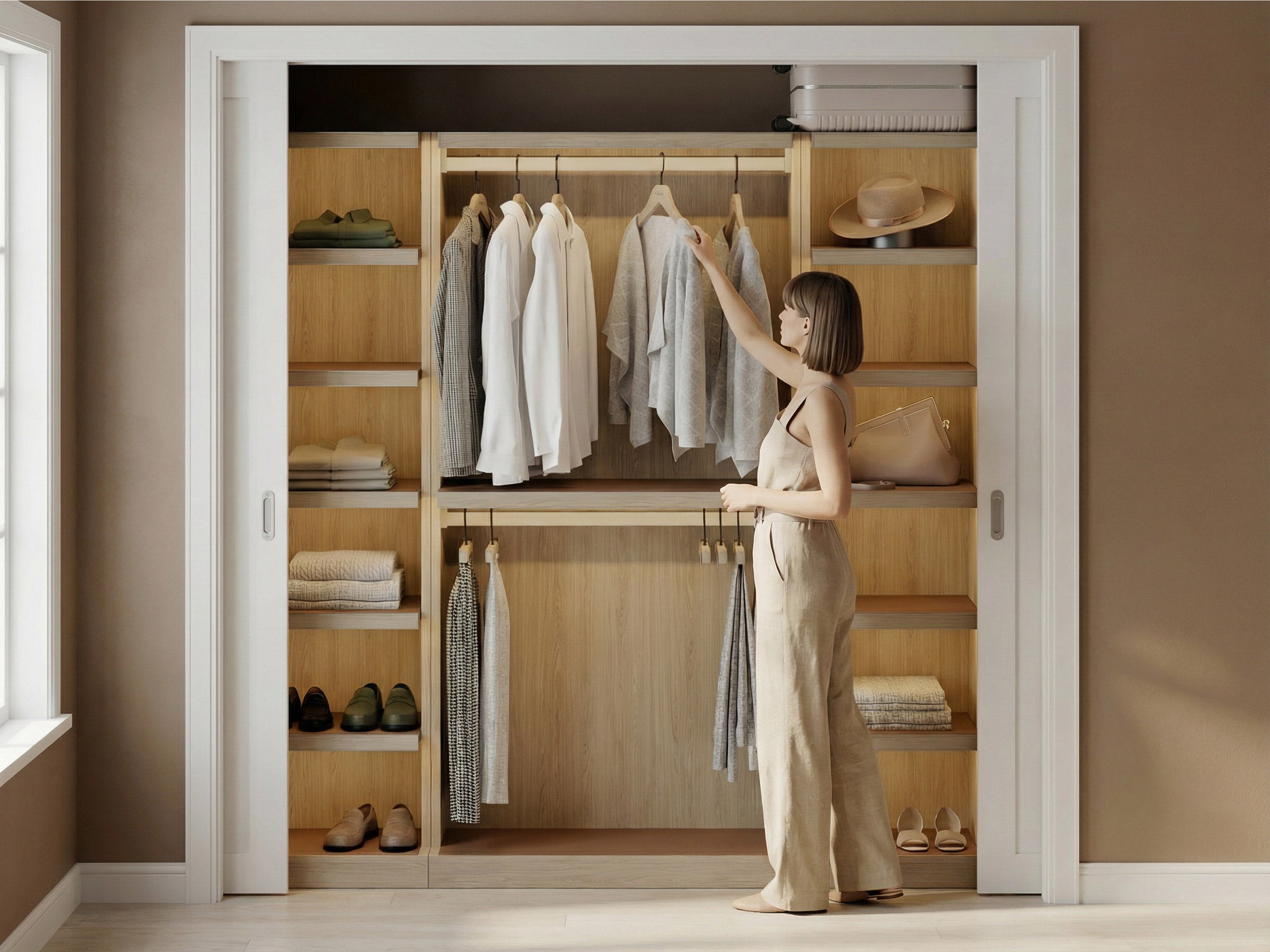 Woman in a beige dress standing in a well-organized closet with wooden shelves and clothes.