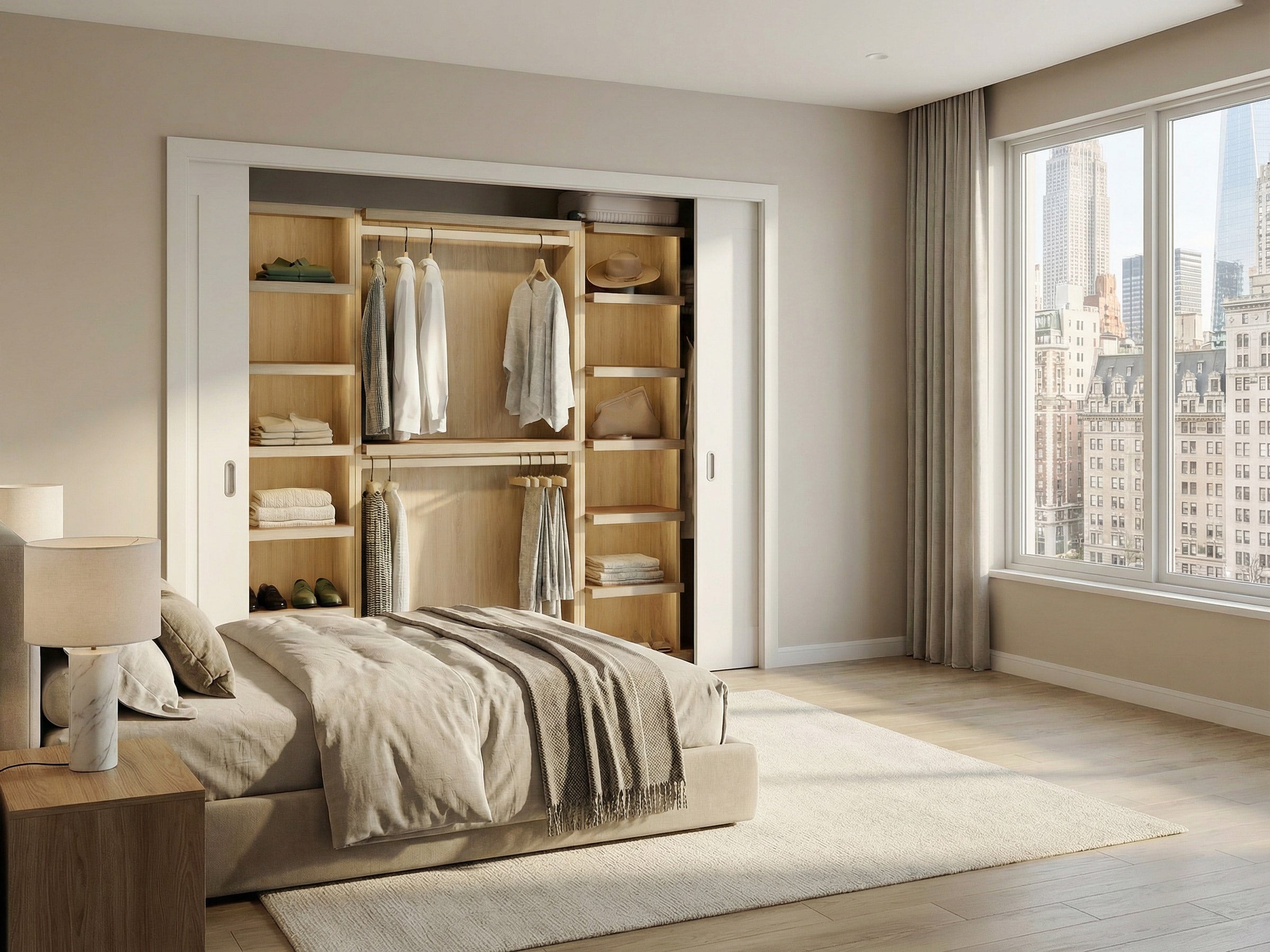 Modern bedroom with wardrobe and city view