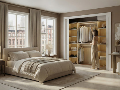 Modern bedroom with a large bed and open closet.