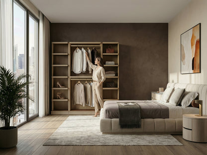 Modern bedroom with wooden wardrobe and bed