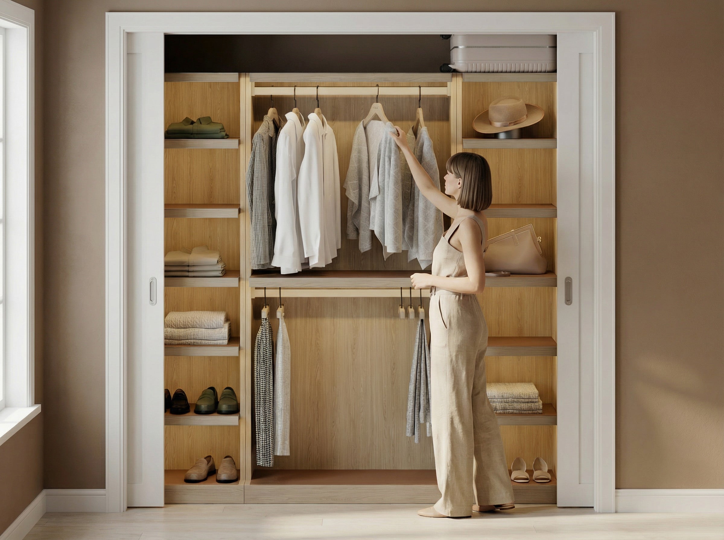Woman in a beige dress standing in an open closet with wooden shelves and clothes.
