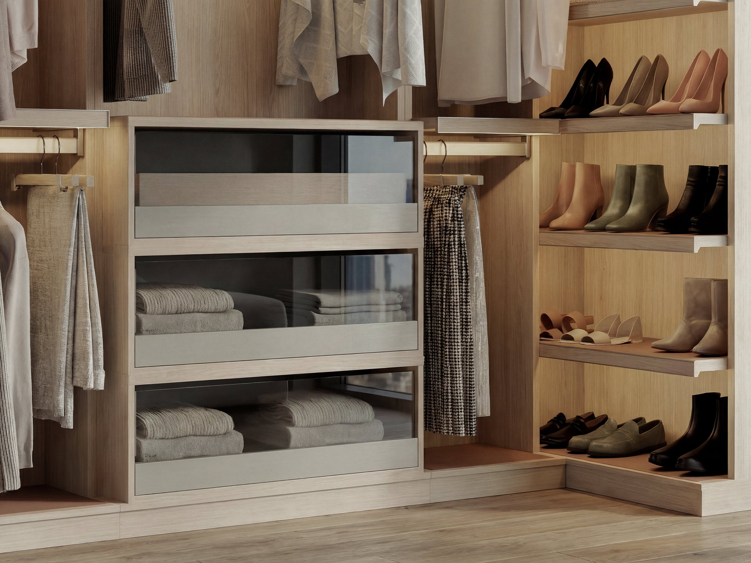 Modern wardrobe with clothes, shoes, and shelves in a well-organized closet.