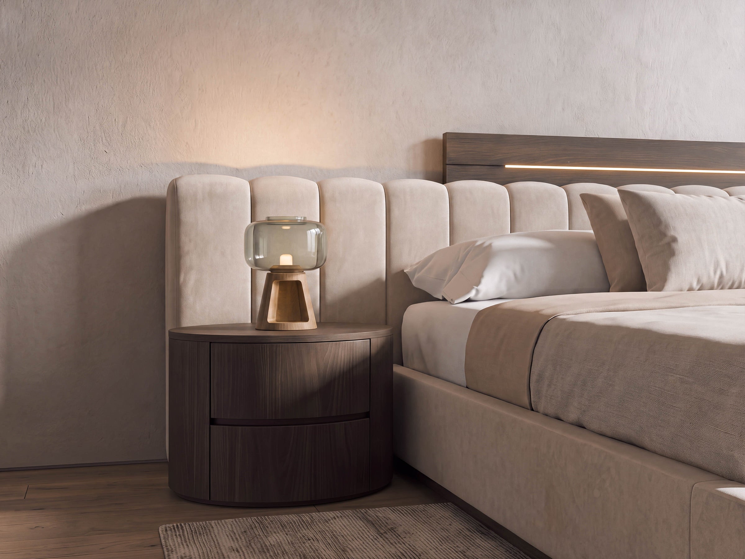 Cama doble con almacenaje y cabecero con cortes