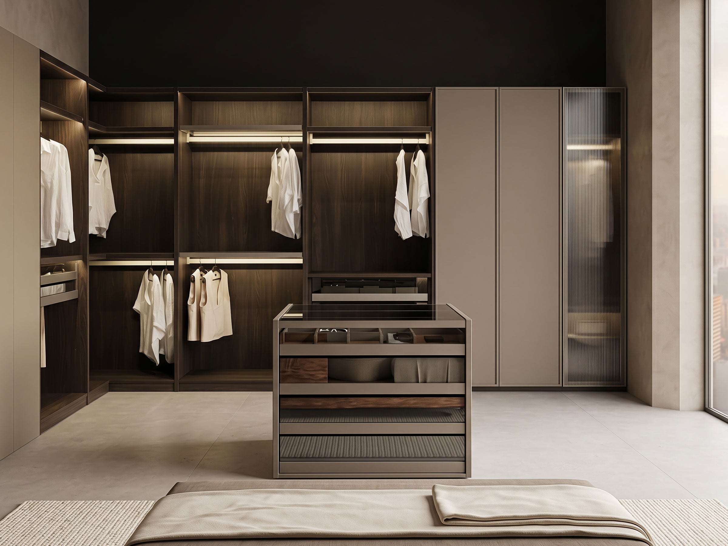 Modern walk-in closet with wooden shelves and a dresser.