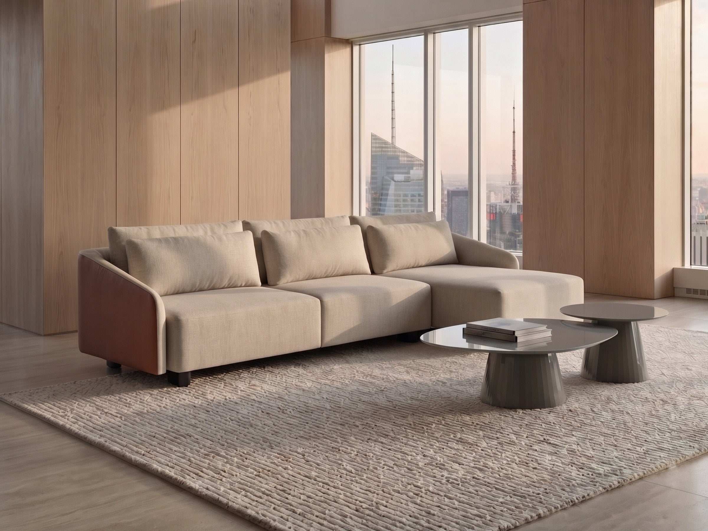 Vena sectional sofa in a modern living room with large windows.