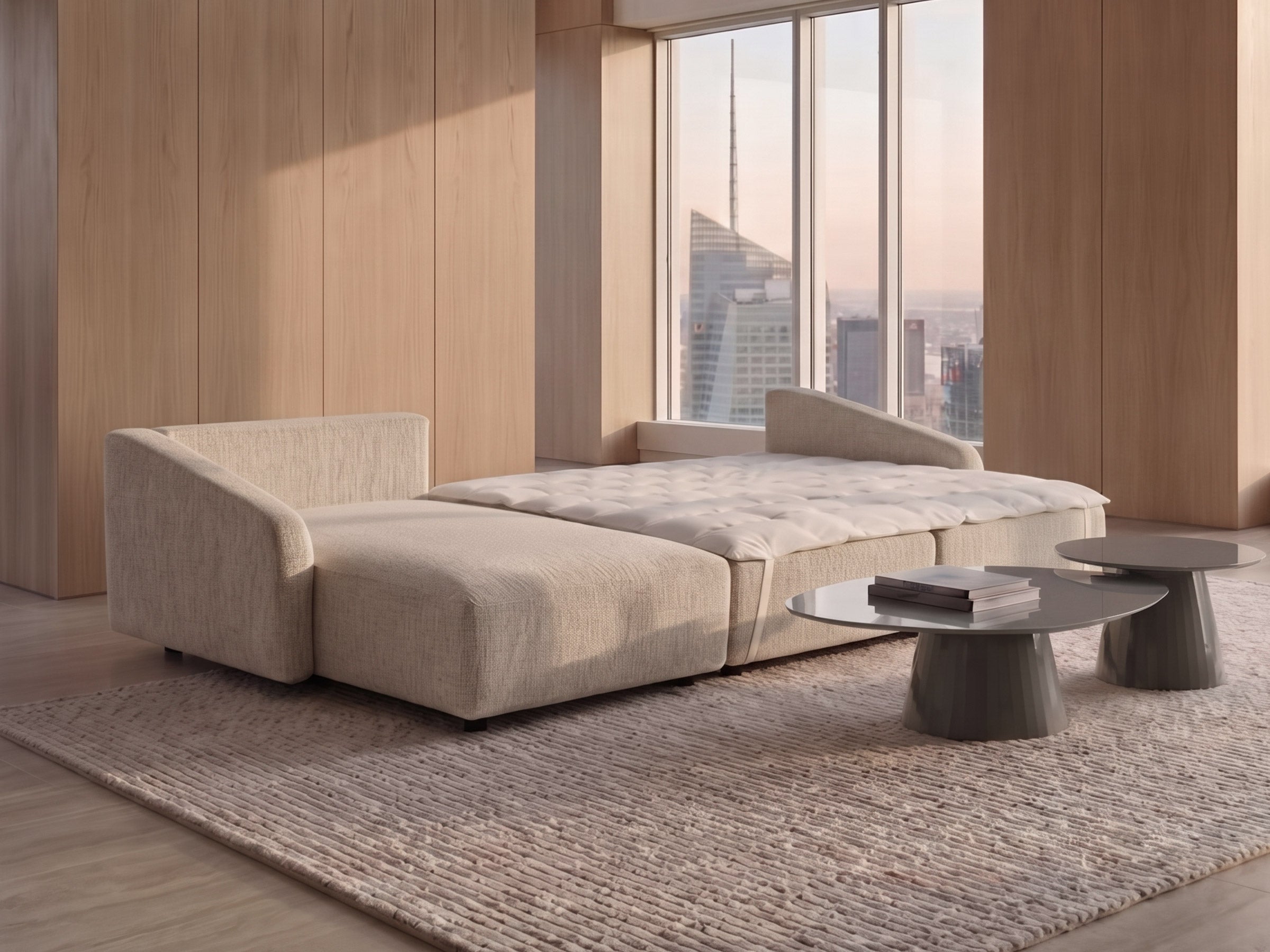 Vena sectional sofa in a modern living room with large windows.